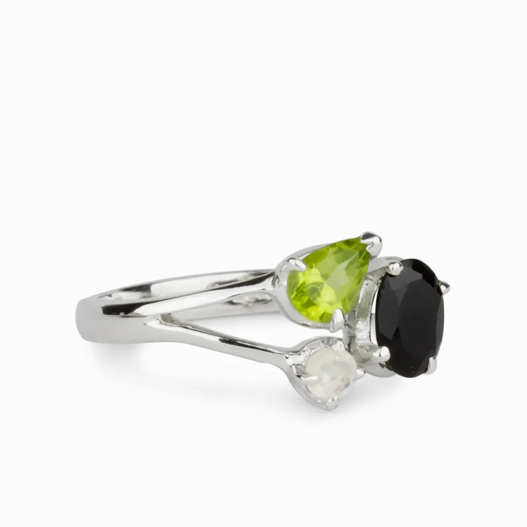 Black Onyx, Peridot & Rainbow Moonstone Ring