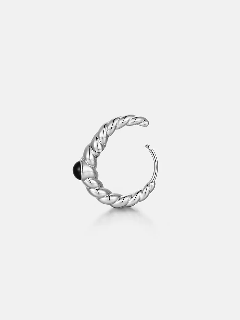 Black Onyx Silver Twisted Hoop Earrings