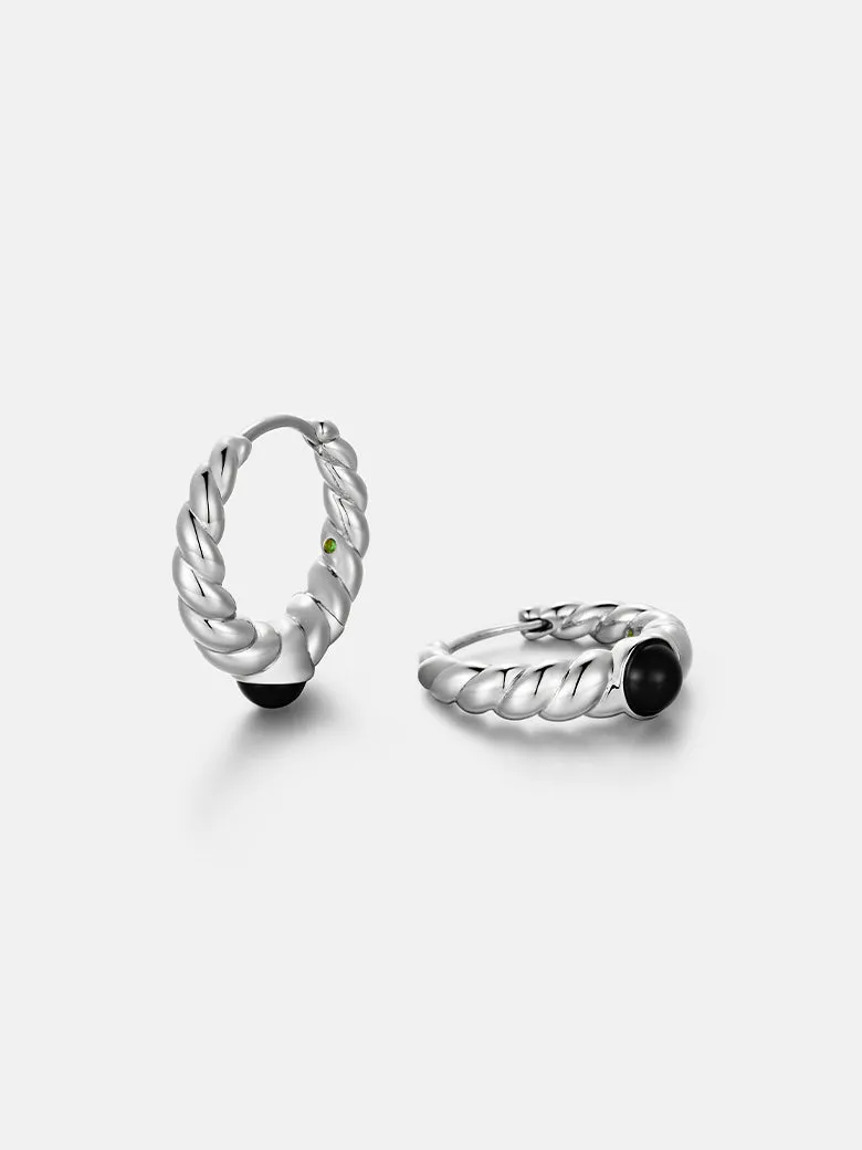 Black Onyx Silver Twisted Hoop Earrings