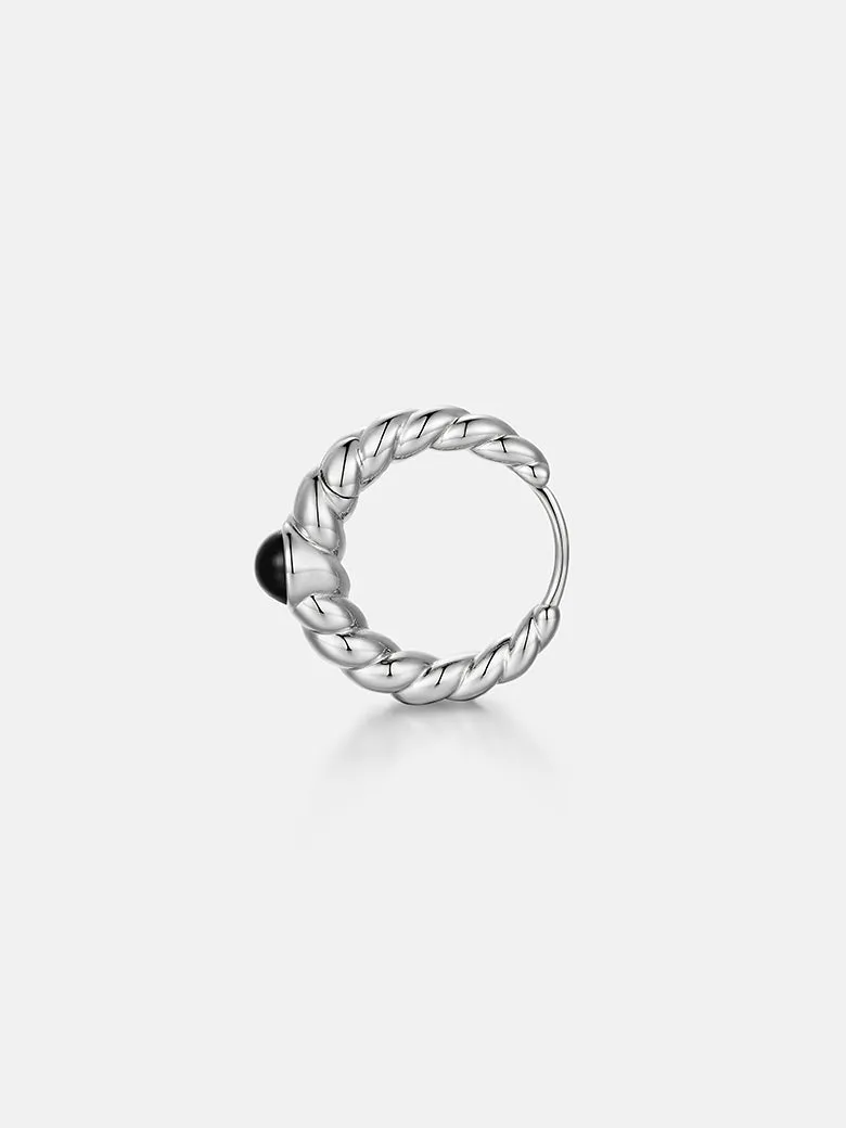 Black Onyx Silver Twisted Hoop Earrings
