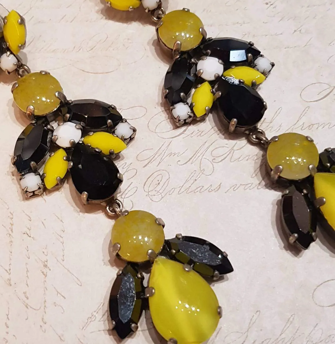 Black Yellow White Glass and Crystal Chandelier Pierced Earrings by Frangos