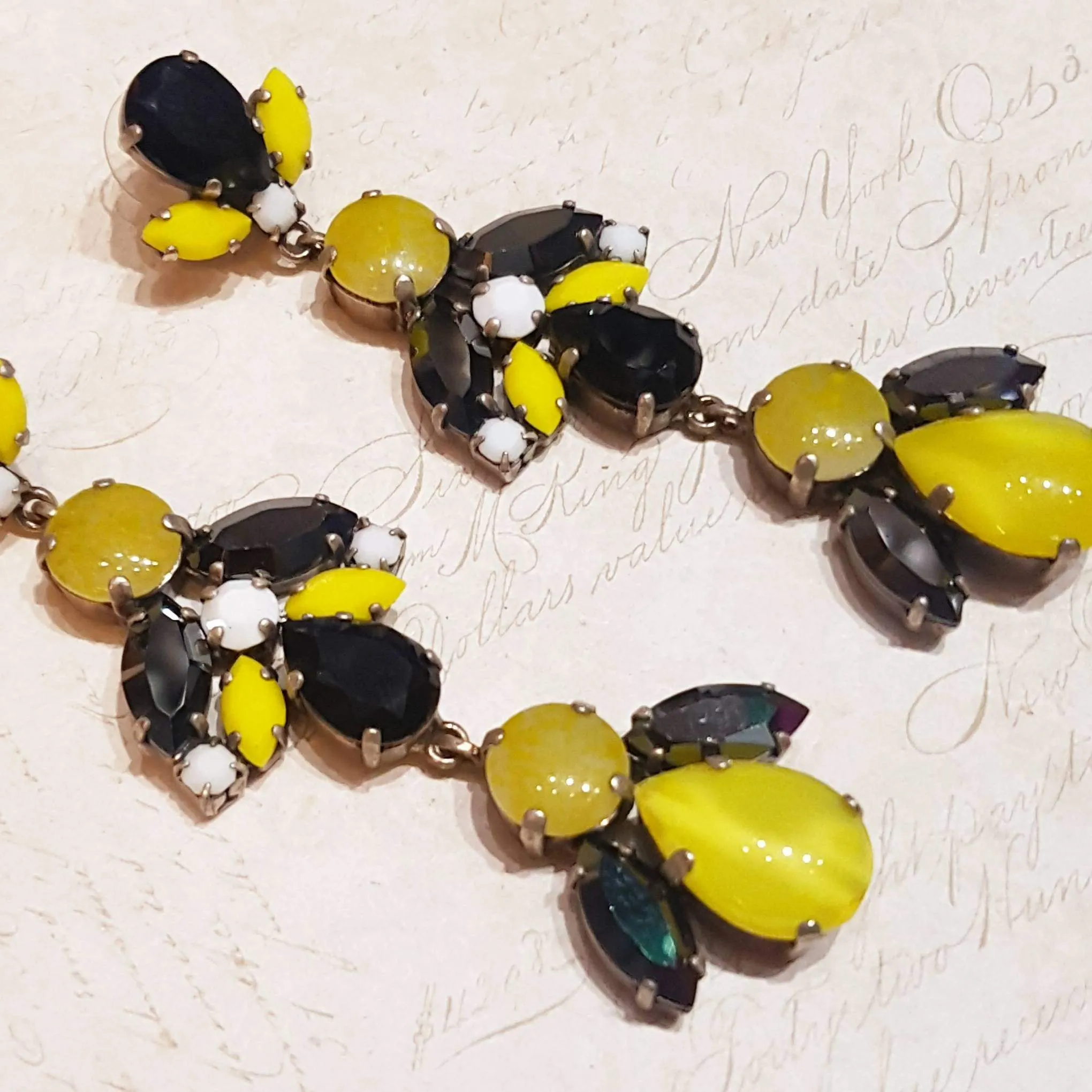 Black Yellow White Glass and Crystal Chandelier Pierced Earrings by Frangos