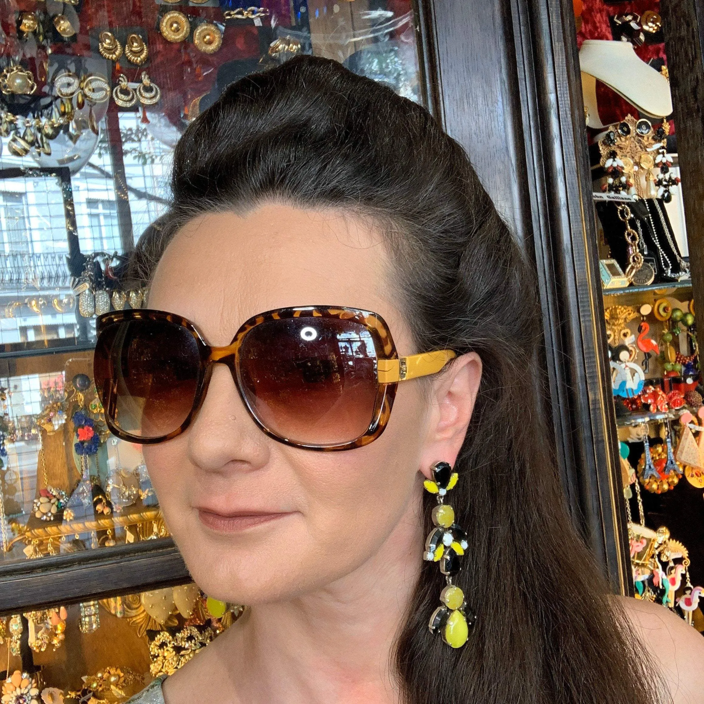 Black Yellow White Glass and Crystal Chandelier Pierced Earrings by Frangos