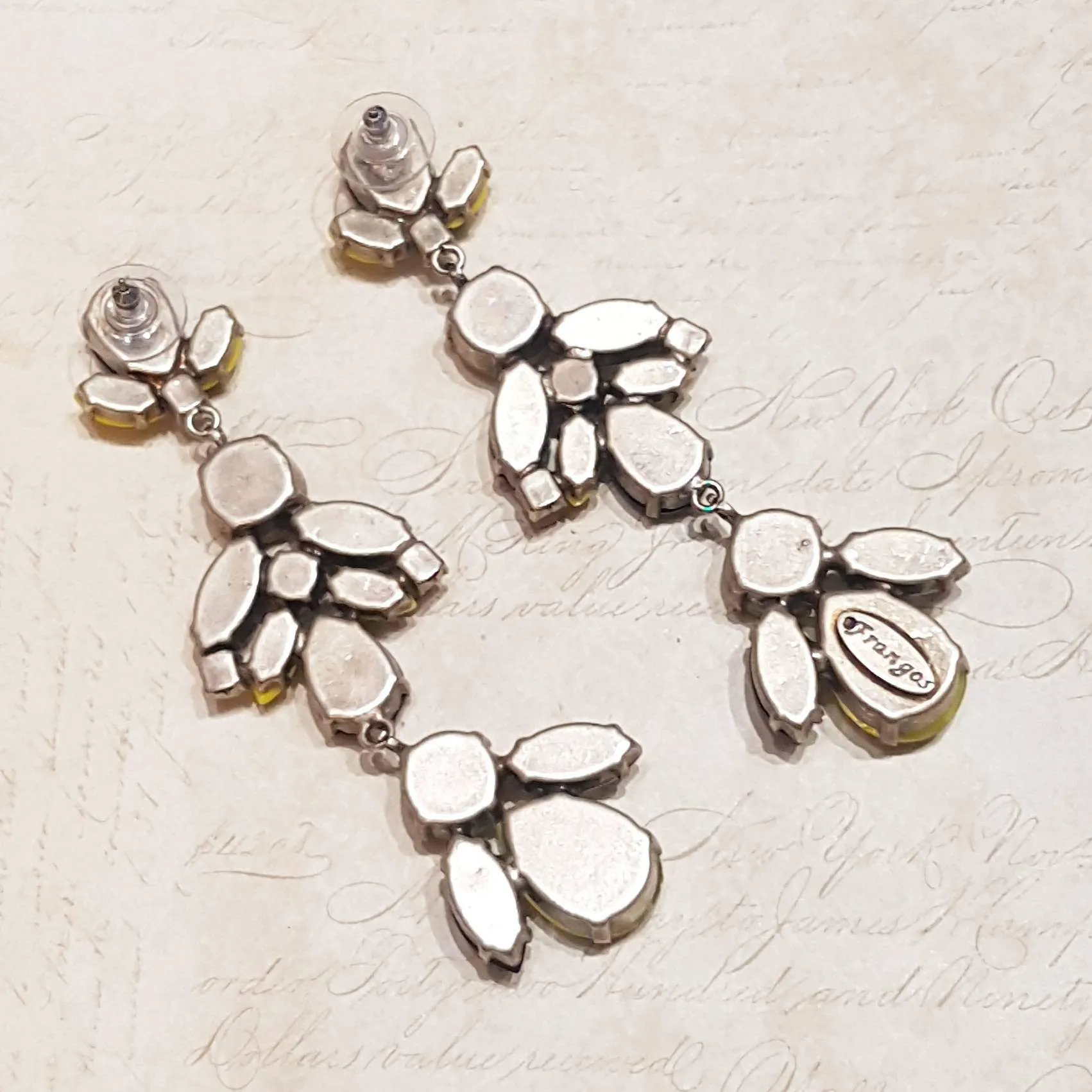 Black Yellow White Glass and Crystal Chandelier Pierced Earrings by Frangos