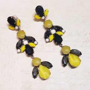 Black Yellow White Glass and Crystal Chandelier Pierced Earrings by Frangos