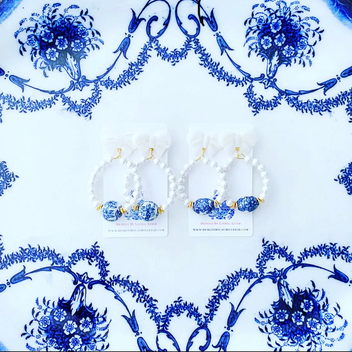 Blue and White Chinoiserie Floral Bow & Pearl Hoop Earrings - 2 Styles