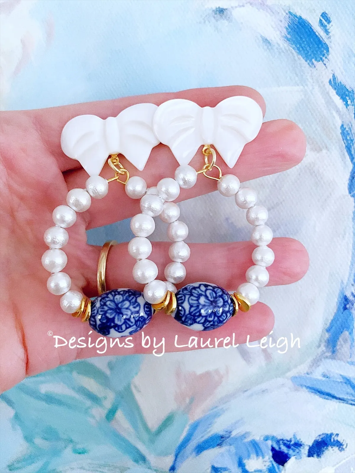 Blue and White Chinoiserie Floral Bow & Pearl Hoop Earrings - 2 Styles