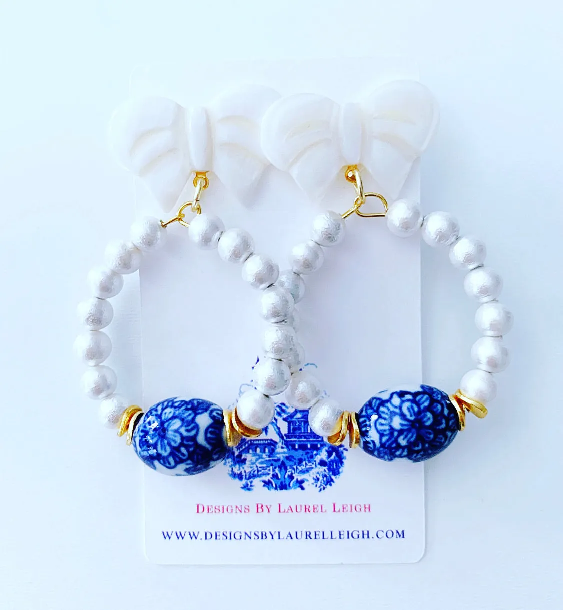 Blue and White Chinoiserie Floral Bow & Pearl Hoop Earrings - 2 Styles