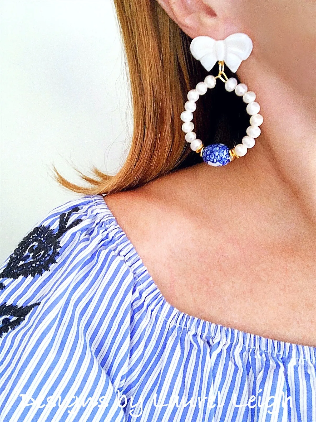 Blue and White Chinoiserie Floral Bow & Pearl Hoop Earrings - 2 Styles