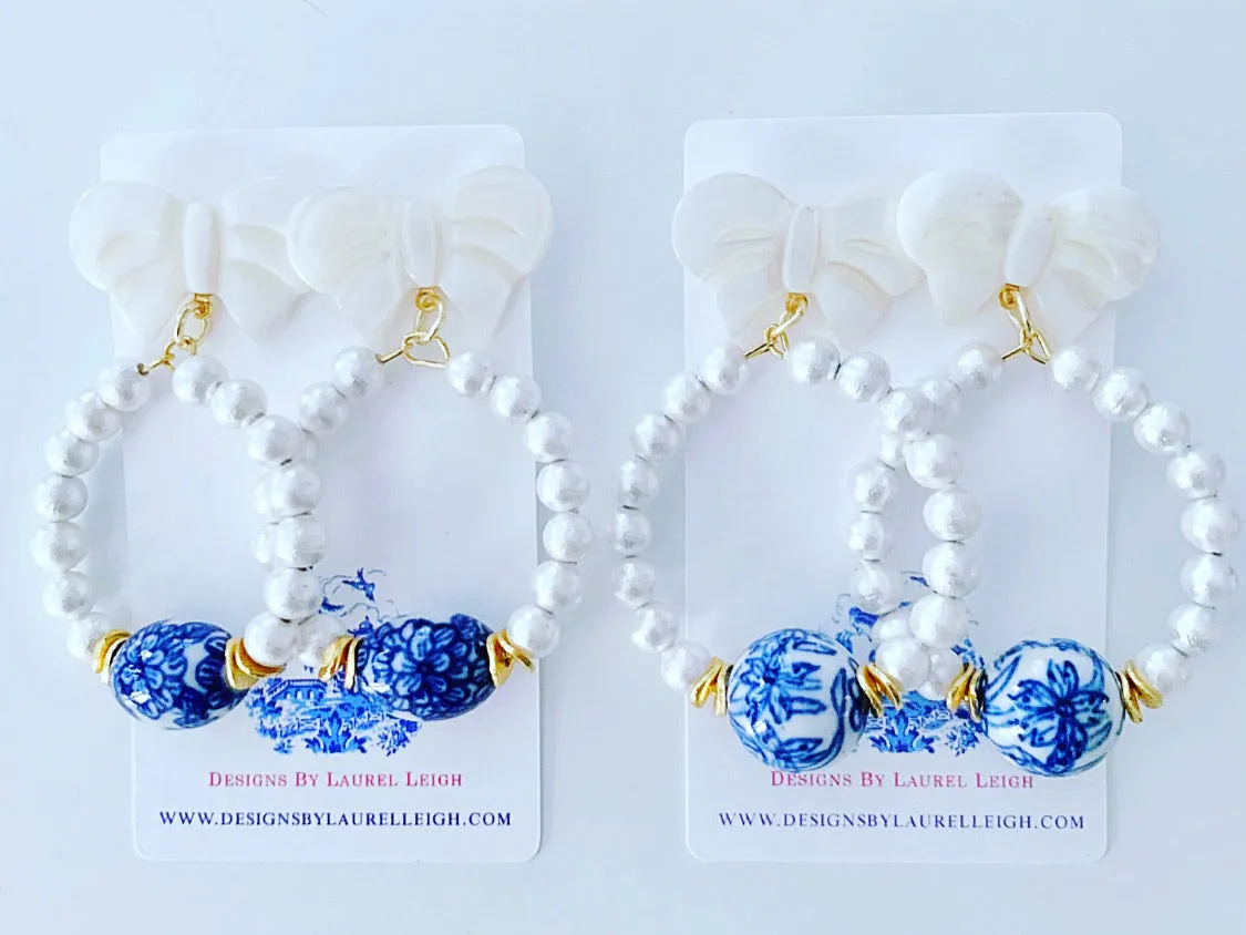 Blue and White Chinoiserie Floral Bow & Pearl Hoop Earrings - 2 Styles