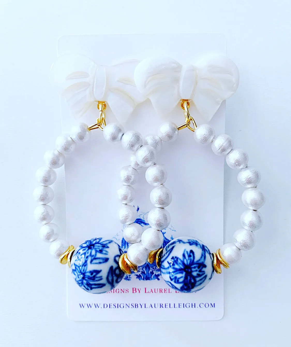 Blue and White Chinoiserie Floral Bow & Pearl Hoop Earrings - 2 Styles