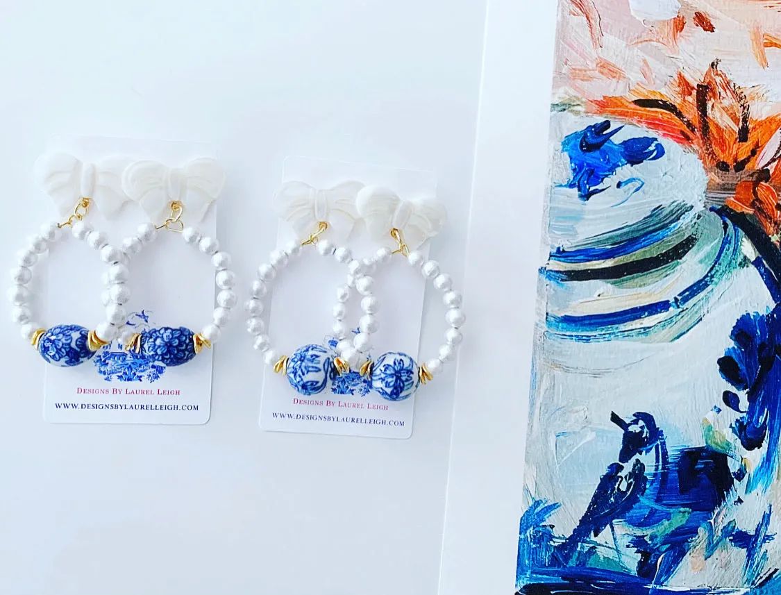 Blue and White Chinoiserie Floral Bow & Pearl Hoop Earrings - 2 Styles