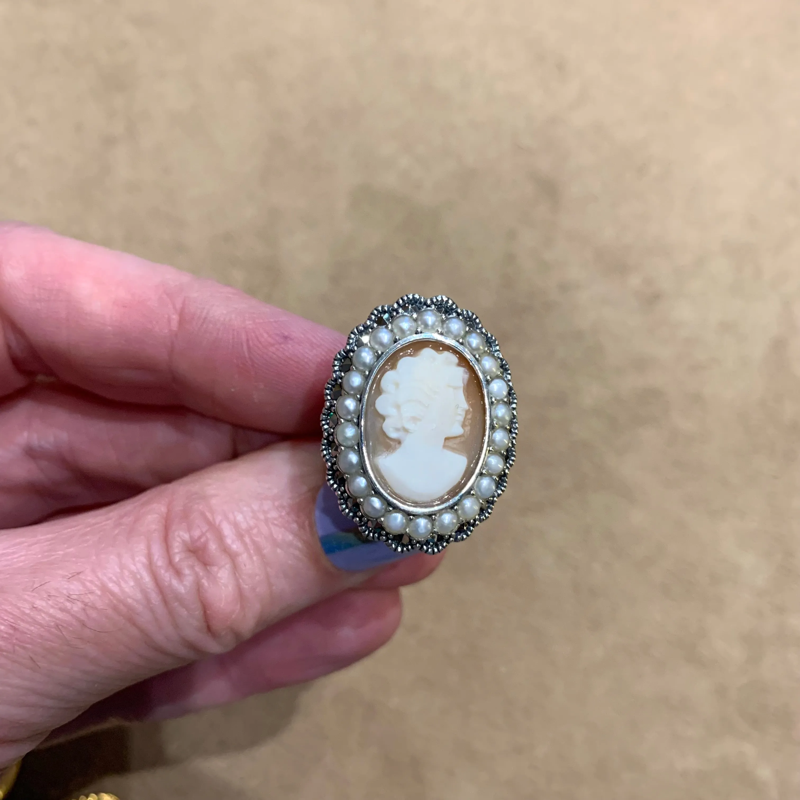 Cameo Ring Silver Freshwater Pearl Marcasite