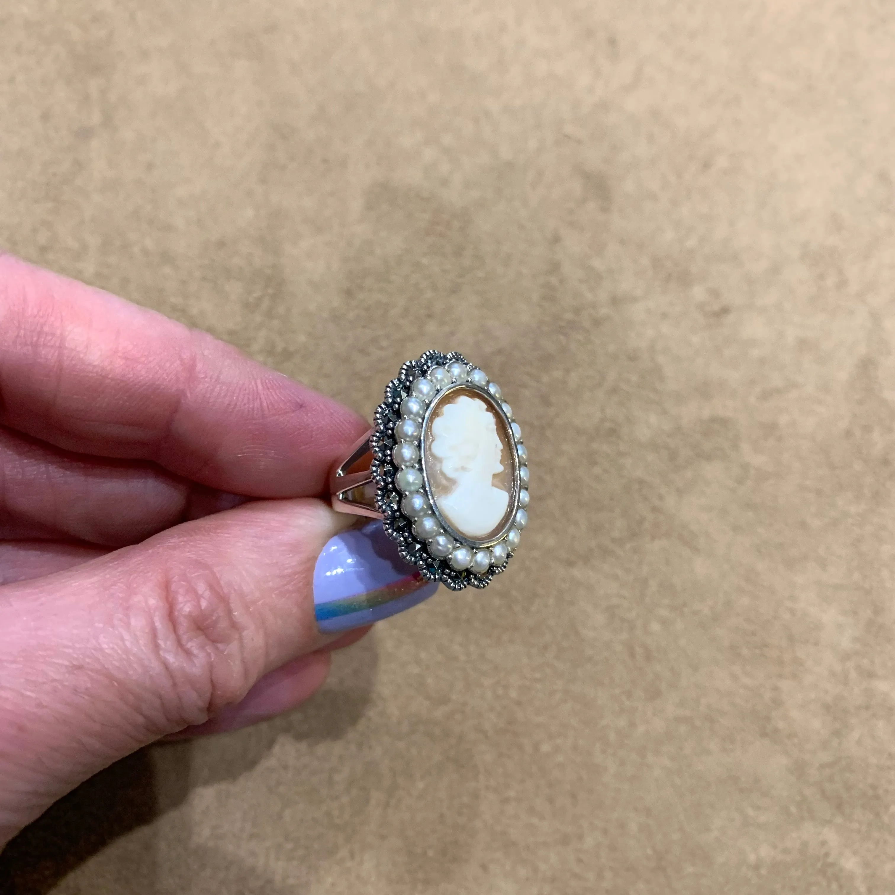 Cameo Ring Silver Freshwater Pearl Marcasite