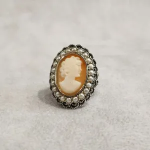 Cameo Ring Silver Freshwater Pearl Marcasite