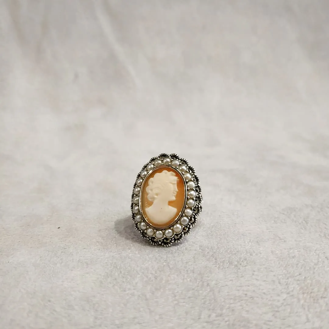 Cameo Ring Silver Freshwater Pearl Marcasite