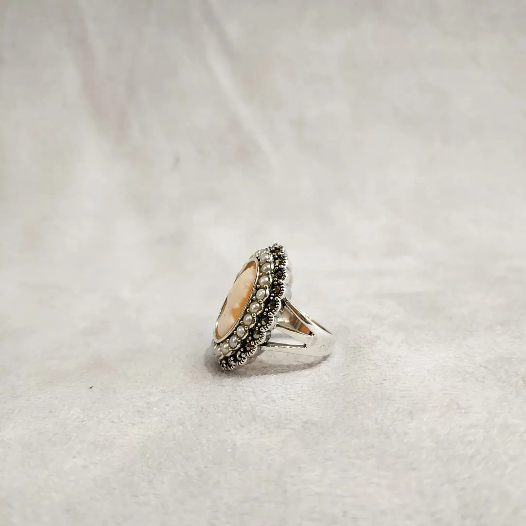 Cameo Ring Silver Freshwater Pearl Marcasite