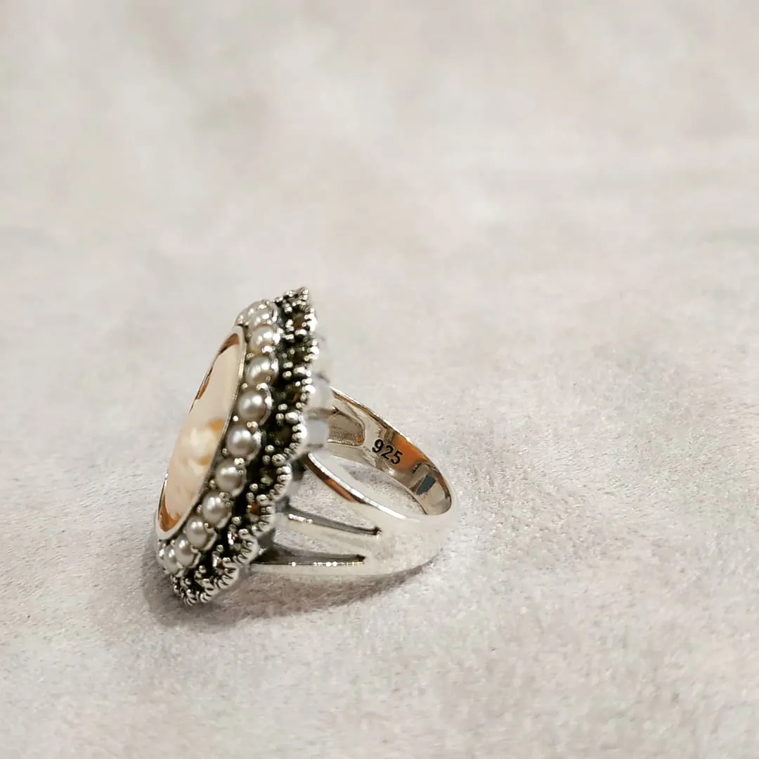 Cameo Ring Silver Freshwater Pearl Marcasite