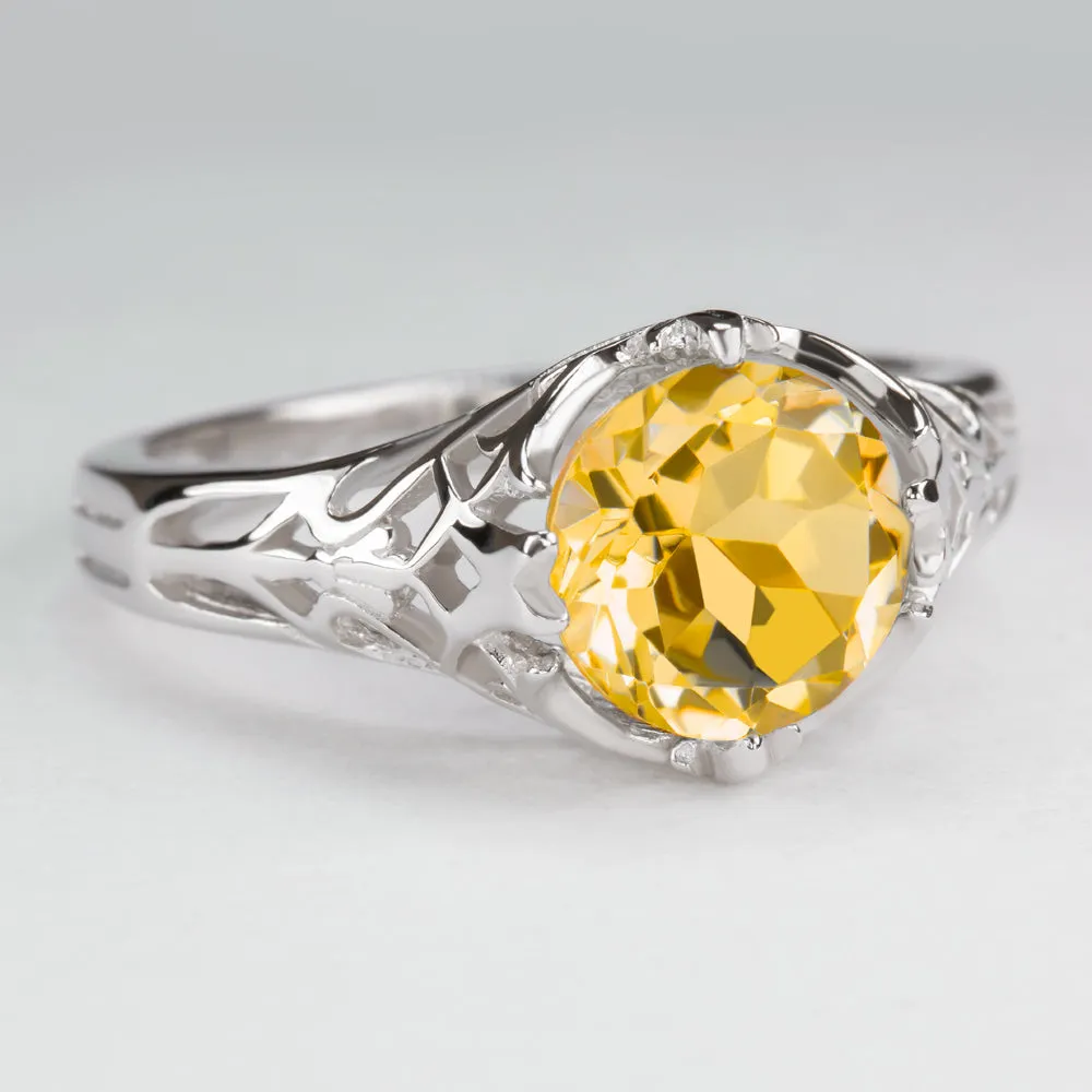 CITRINE STERLING SILVER RING VINTAGE STYLE SOLITAIRE ART DECO FILIGREE YELLOW