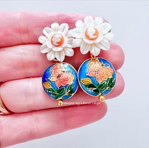 Cloisonné Pearl Daisy Cameo Earrings