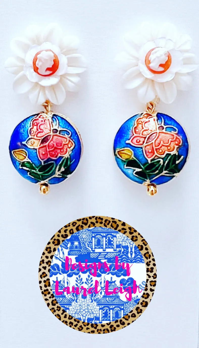 Cloisonné Pearl Daisy Cameo Earrings