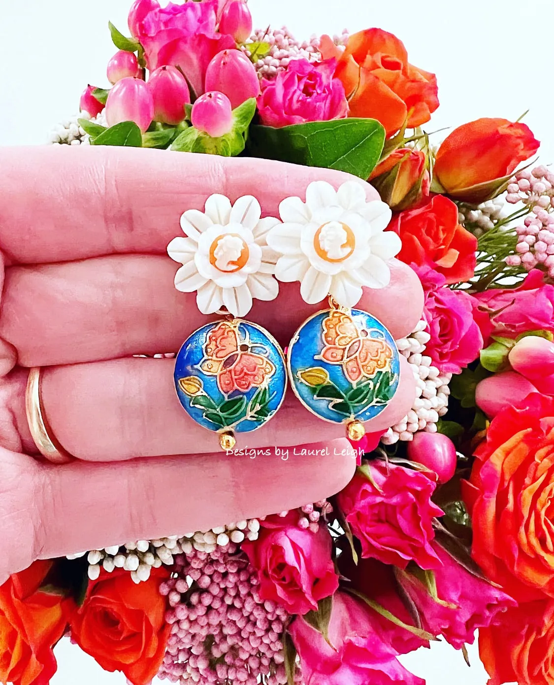 Cloisonné Pearl Daisy Cameo Earrings