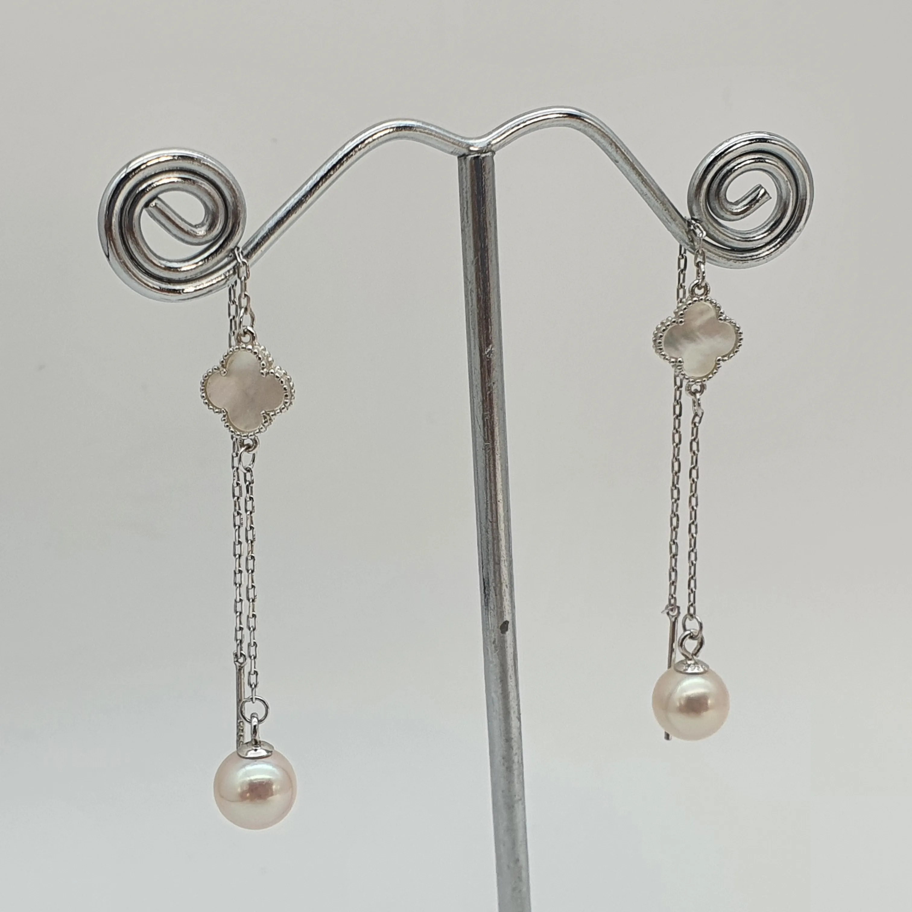 Clover Mother of Pearl & Freshwater Pearl Earrings, Sterling Silver