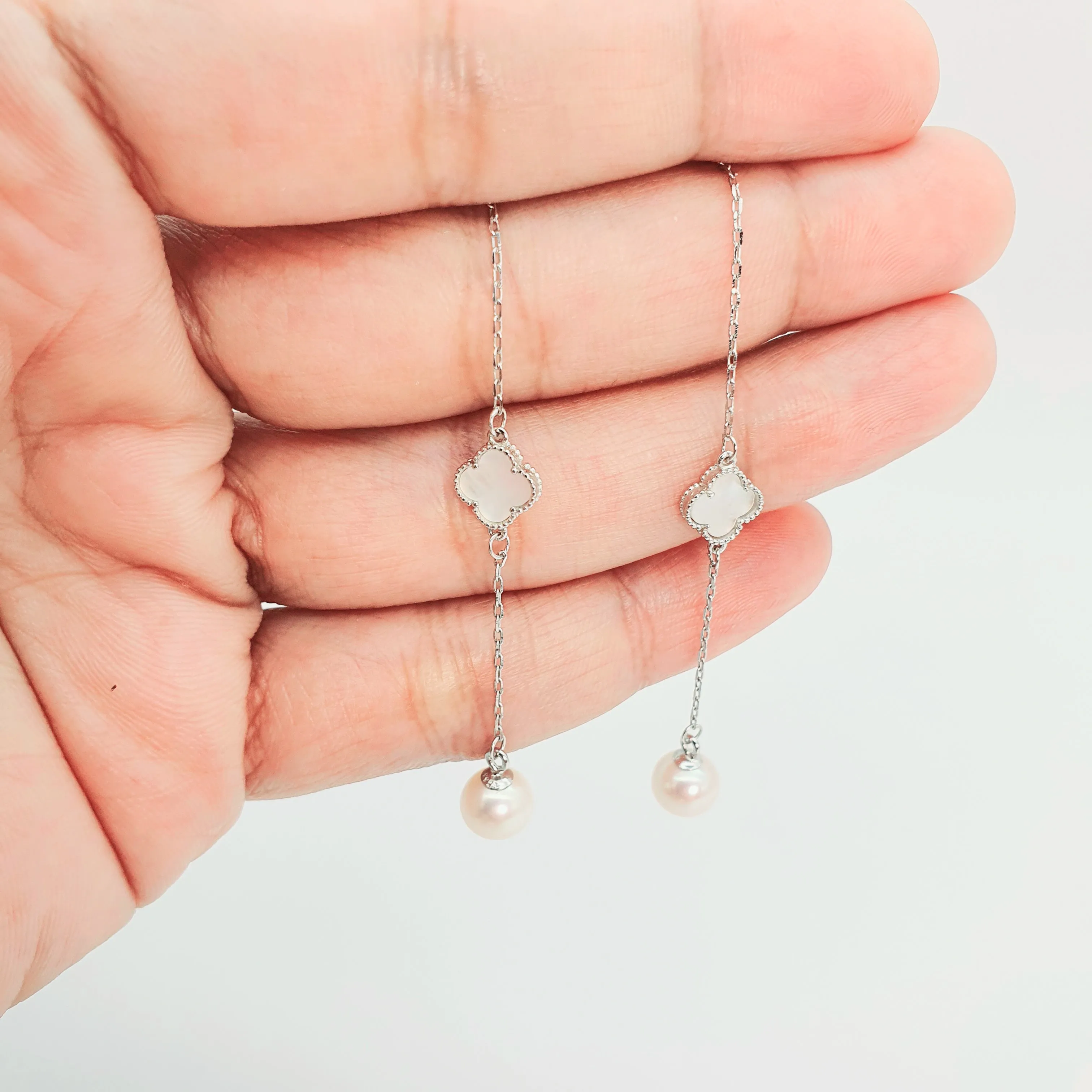 Clover Mother of Pearl & Freshwater Pearl Earrings, Sterling Silver