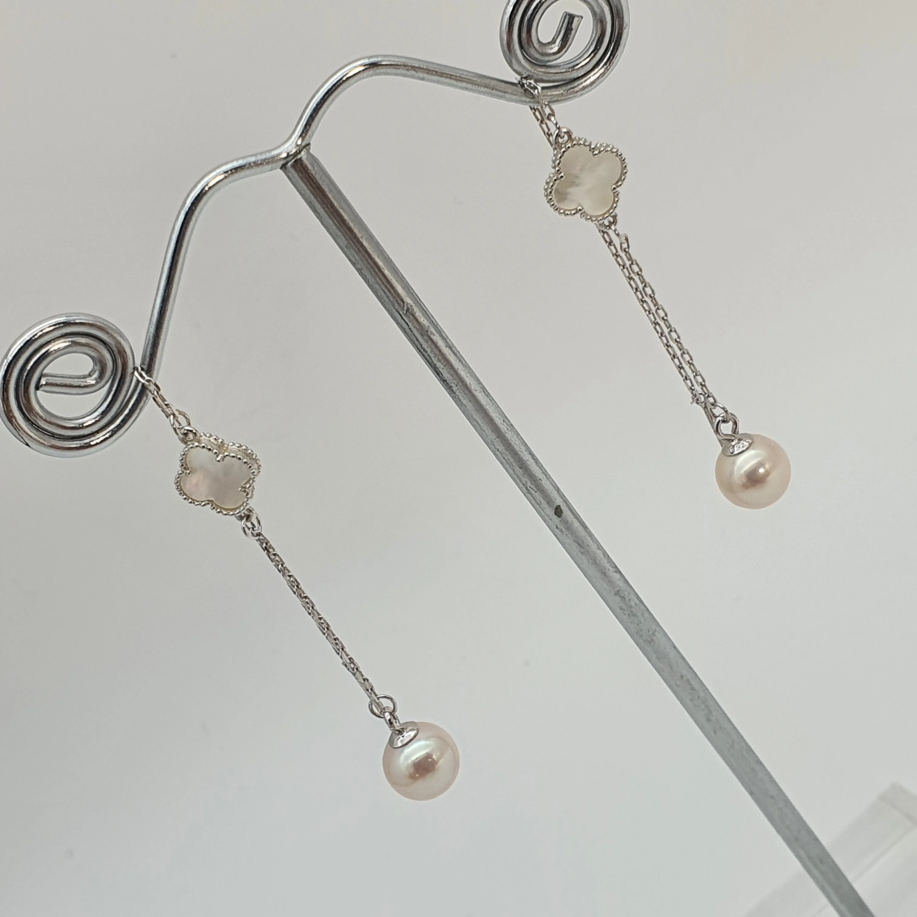 Clover Mother of Pearl & Freshwater Pearl Earrings, Sterling Silver