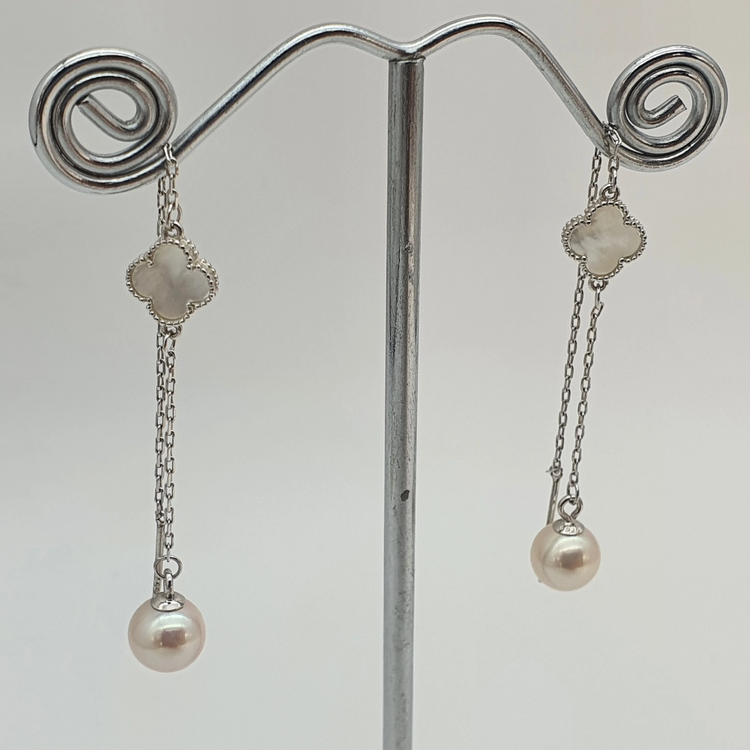 Clover Mother of Pearl & Freshwater Pearl Earrings, Sterling Silver