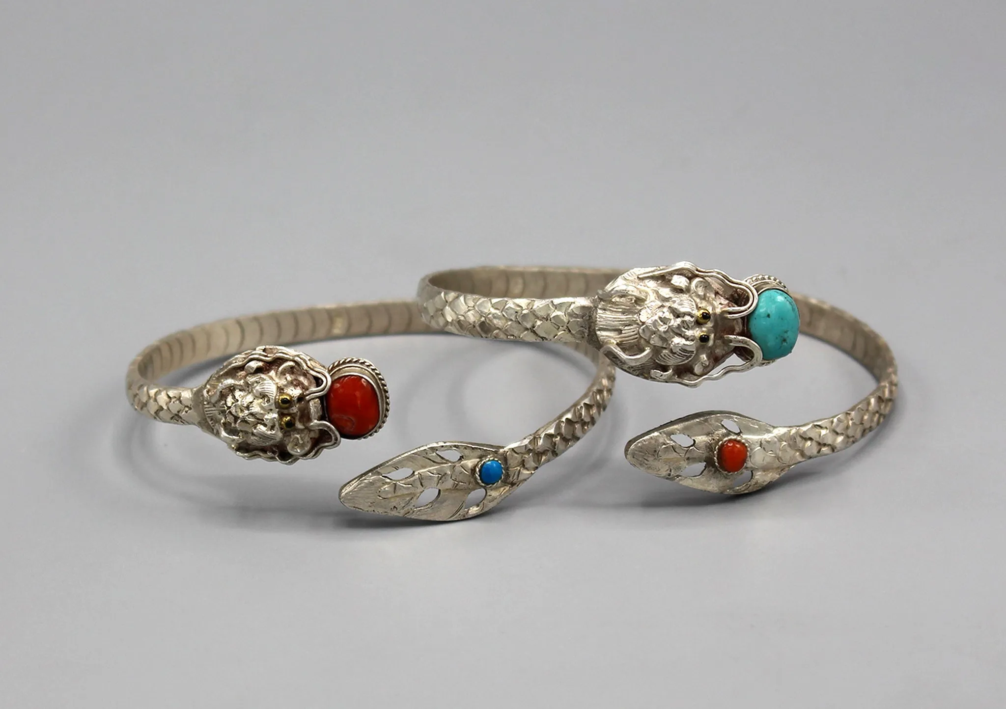 Coral Inlaid Dragon Carving Sterling Silver Bracelet
