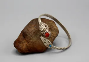 Coral Inlaid Dragon Carving Sterling Silver Bracelet