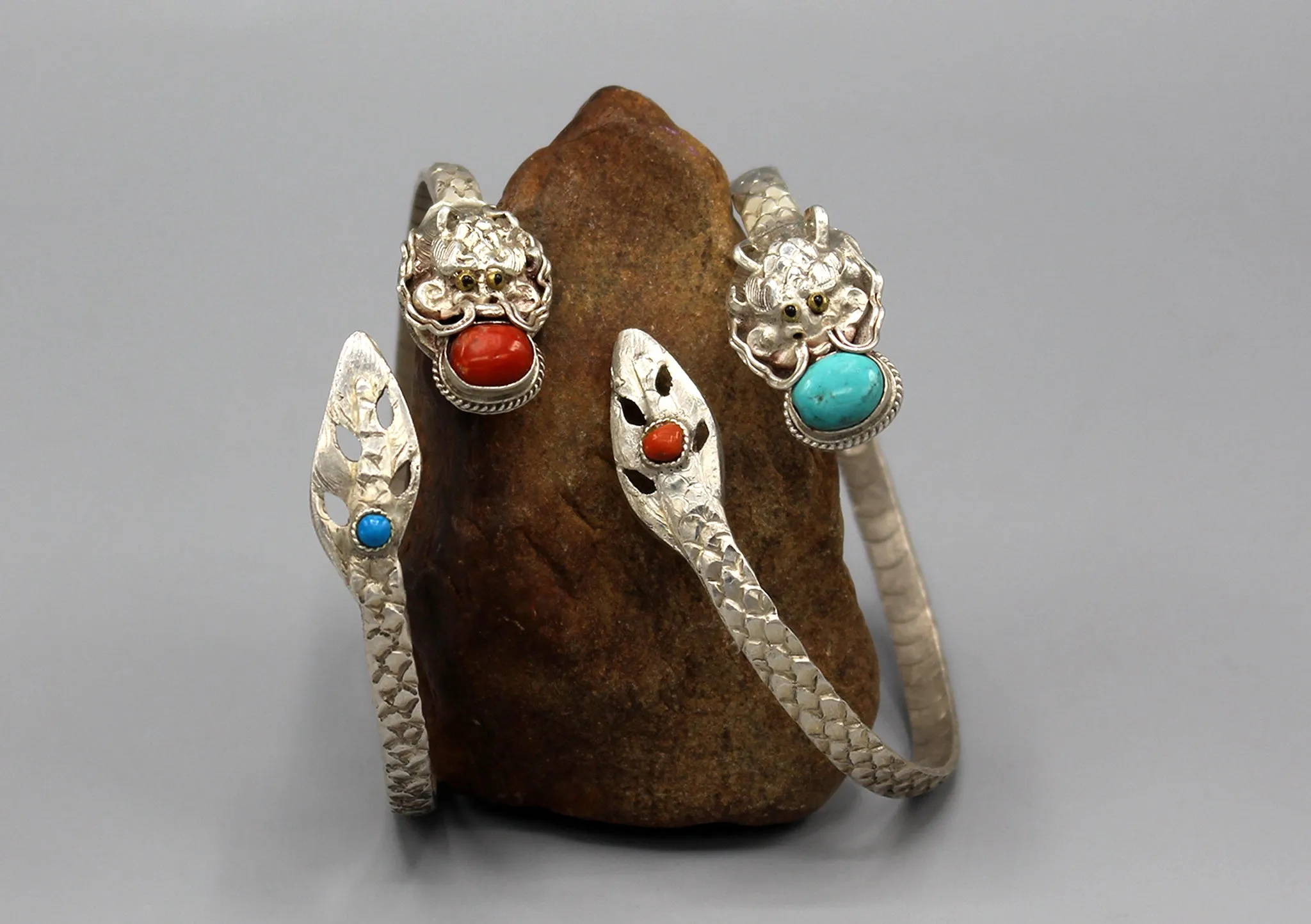Coral Inlaid Dragon Carving Sterling Silver Bracelet