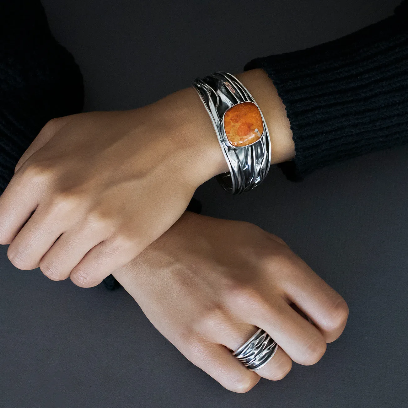 Corrugated Silver and Coral Cuff Bracelet
