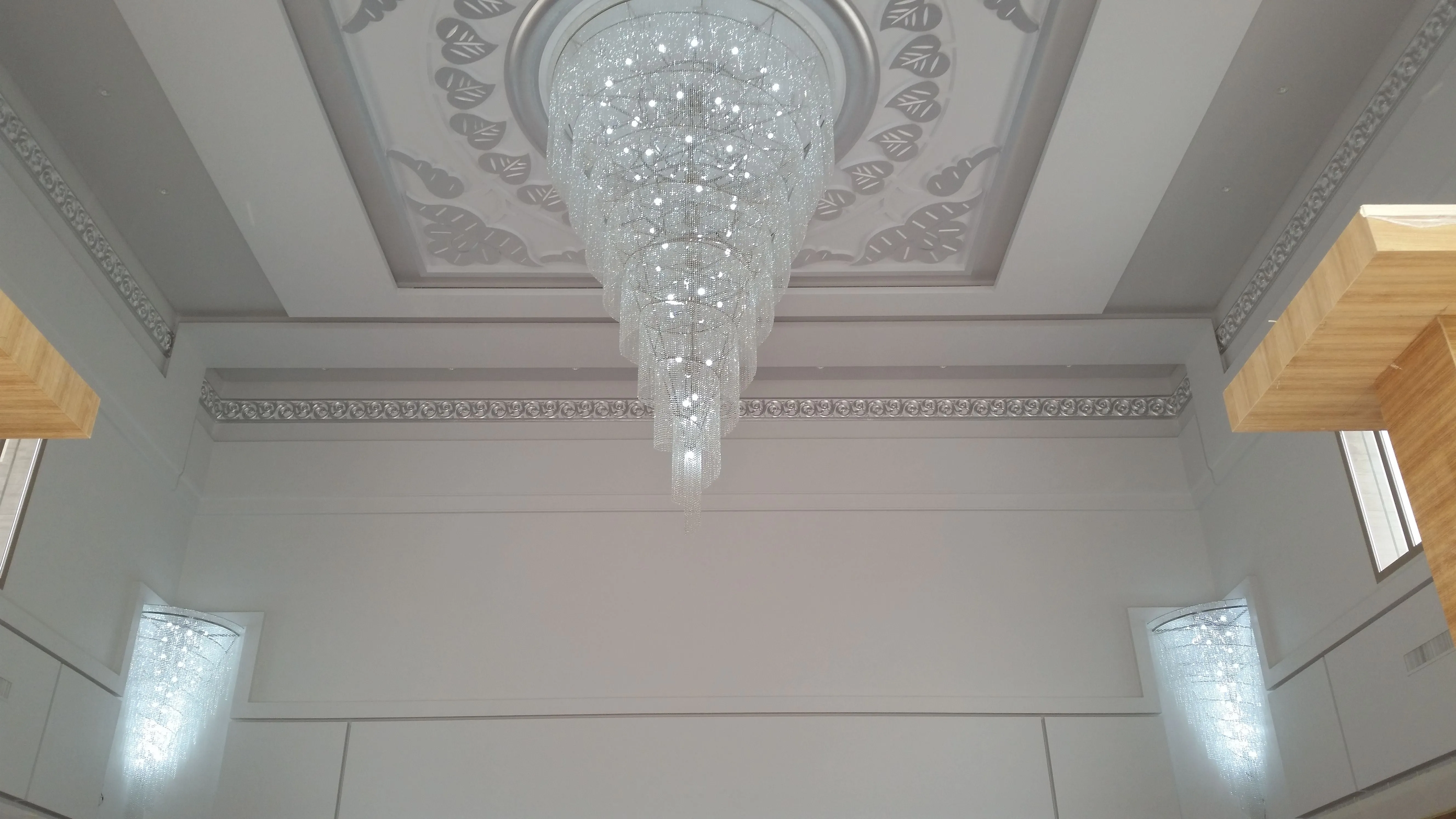 Crystal Foyer & Stairwell Twister Chandelier With Matching Crystal Waterfall Wall Lights