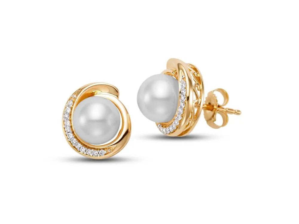 Cultured Pearl & Diamond Swirl Stud Earrings
