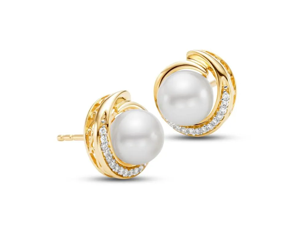 Cultured Pearl & Diamond Swirl Stud Earrings