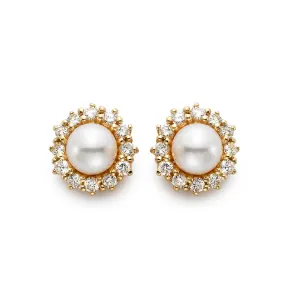 Cultured Pearl with Diamond Halo Stud Earrings