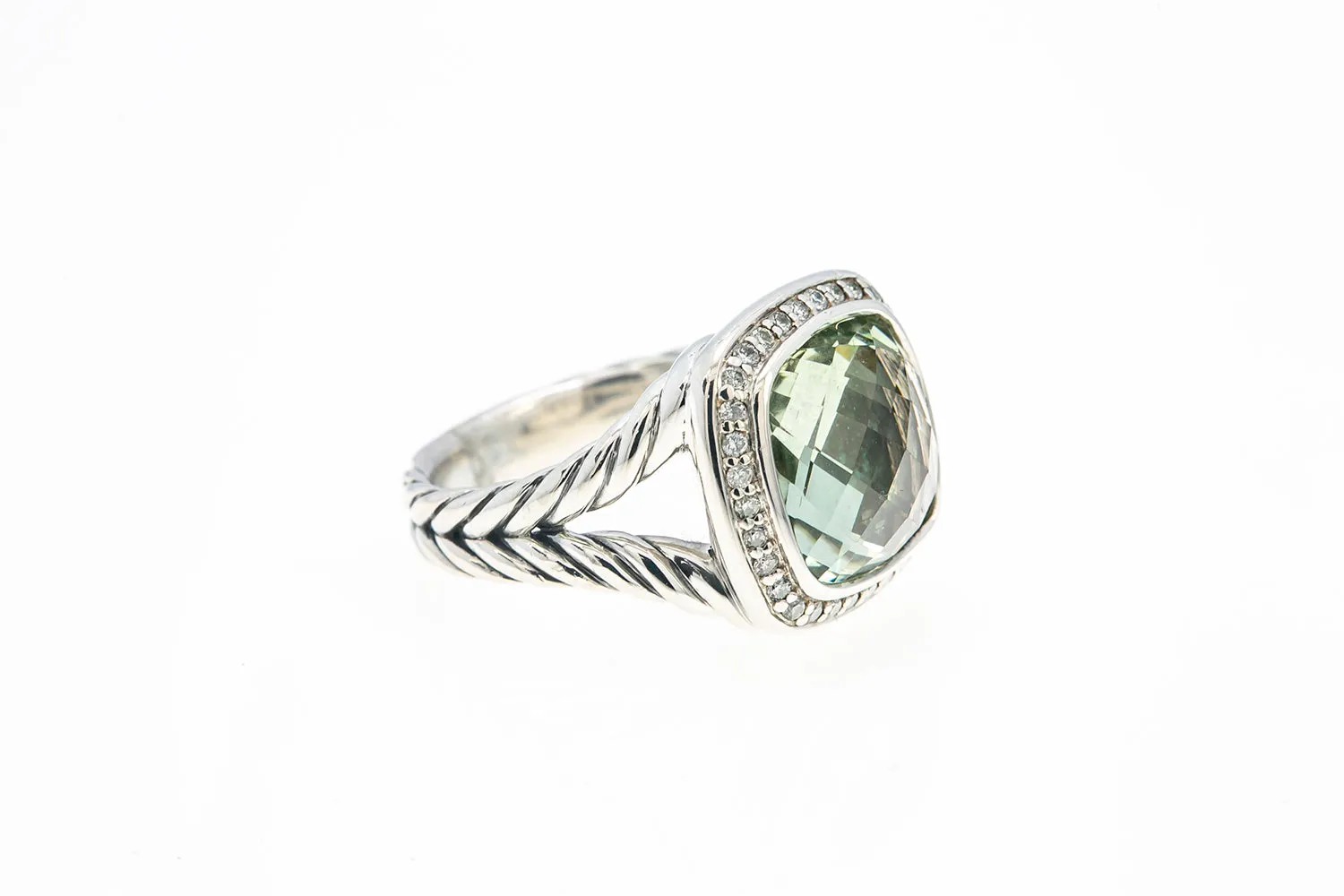 David Yurman 11mm Albion Sterling Silver 925 Prasiolite & Diamond Ring Size 6