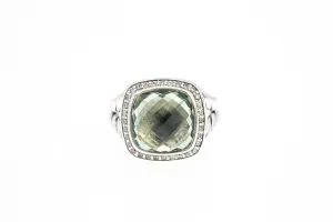 David Yurman 11mm Albion Sterling Silver 925 Prasiolite & Diamond Ring Size 6
