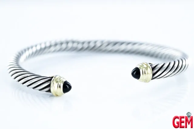 David Yurman Cable Sterling Silver 925 Bracelet 14K 585 Onyx Slightly Bent Cuff