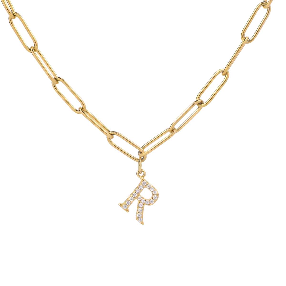 Diamond Letter Pendant Necklace with Paperclip Chain