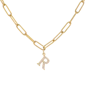 Diamond Letter Pendant Necklace with Paperclip Chain