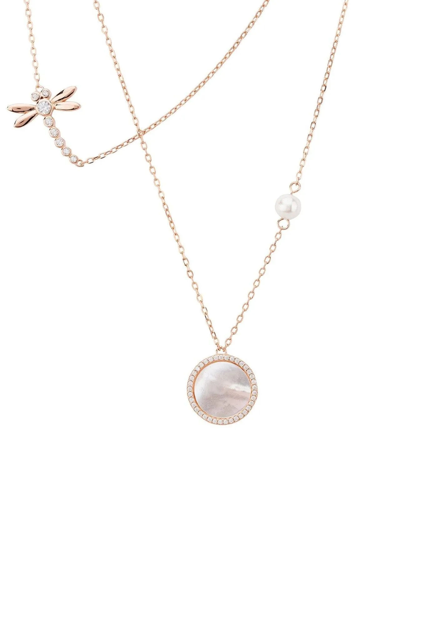 Dragon Fly Mother Of Pearl Layered Necklace Rosegold