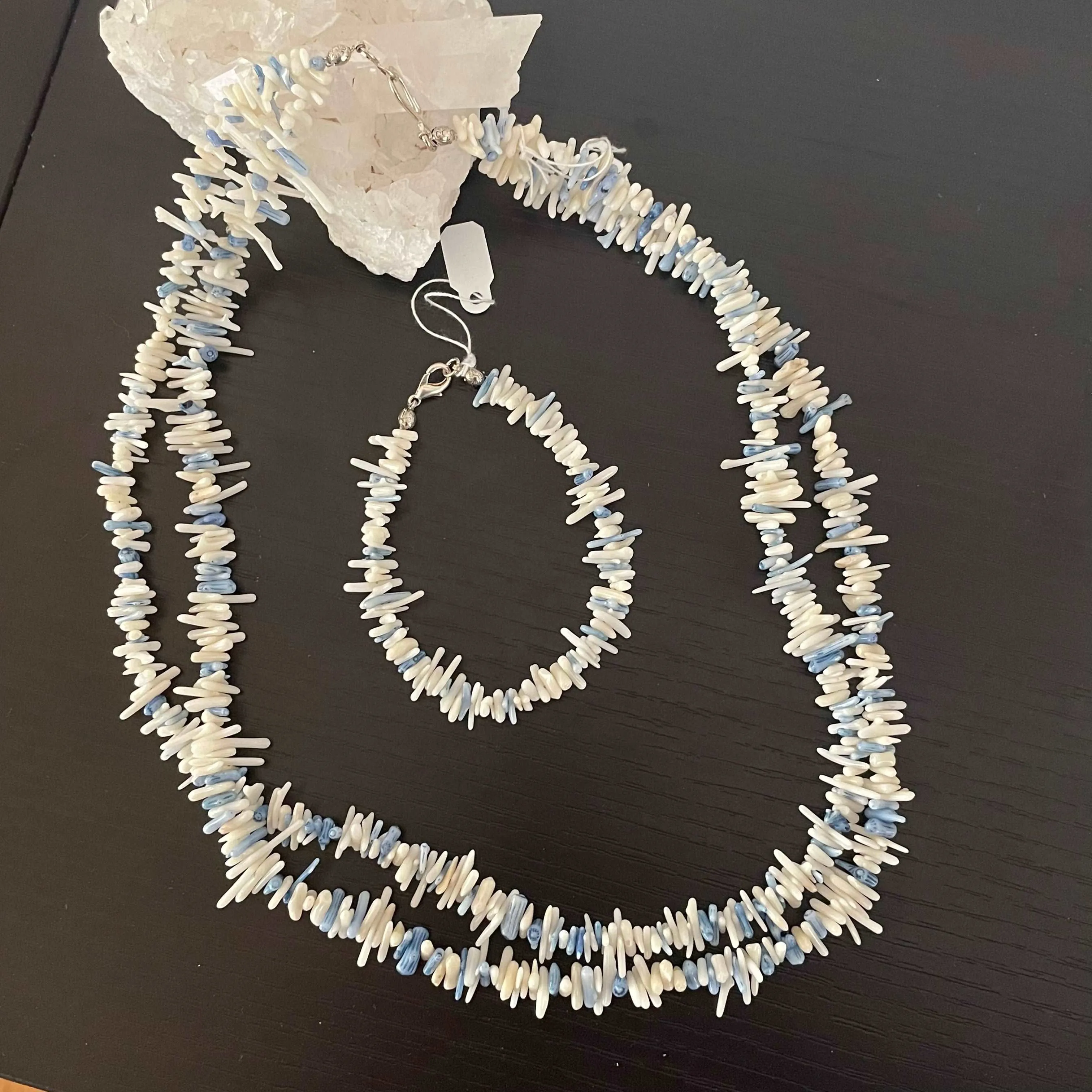 Dyed Coral Chip Necklace & Bracelet Matching Set Ivory Pastel Blue Coastal Resort