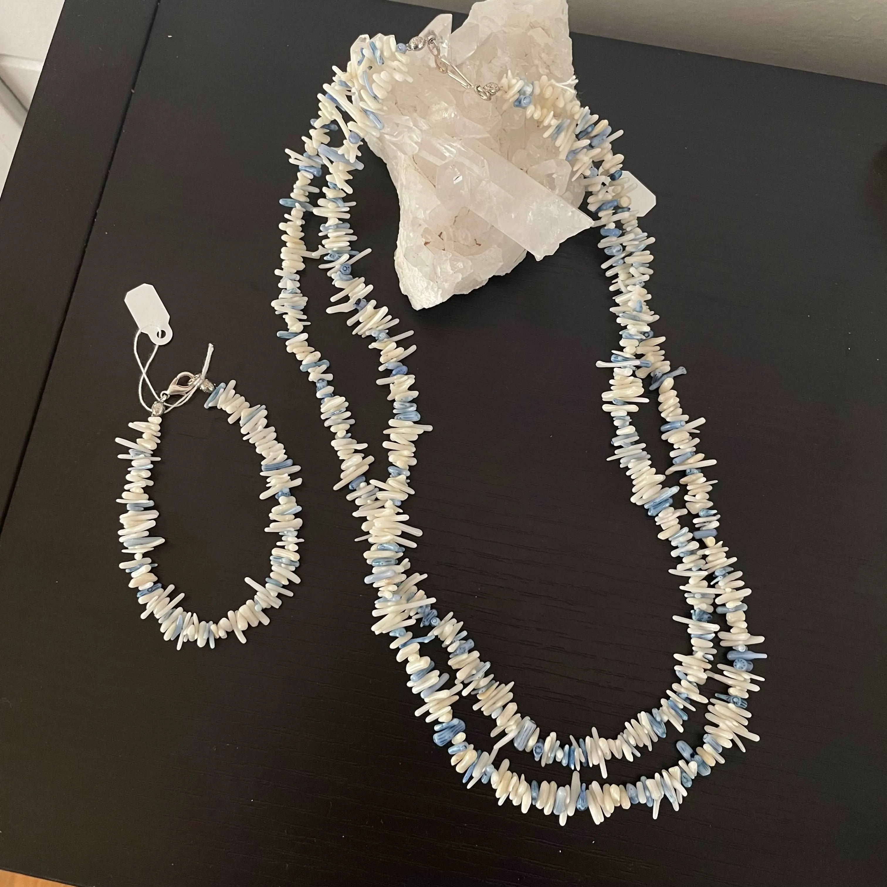Dyed Coral Chip Necklace & Bracelet Matching Set Ivory Pastel Blue Coastal Resort