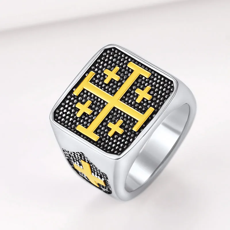 FaithHeart Jerusalem Cross Signet Ring For Men