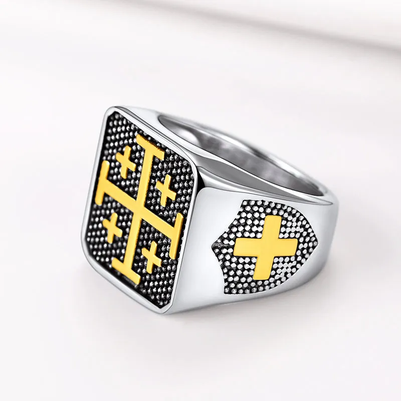 FaithHeart Jerusalem Cross Signet Ring For Men