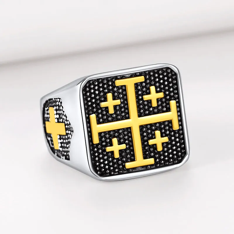FaithHeart Jerusalem Cross Signet Ring For Men