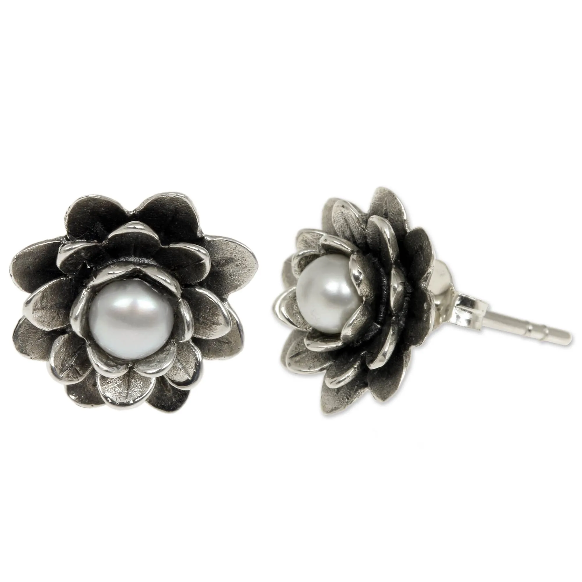 Floral Pearl and Sterling Silver Button Earrings - White-Eyed Lotus | NOVICA
